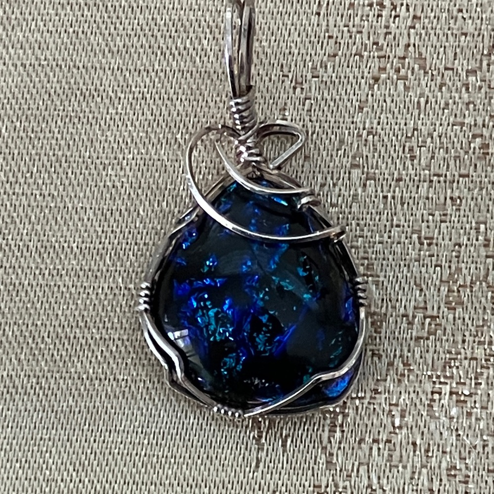 Handmade Glass Blue and Green Pendant Wrapped in Silver Wire